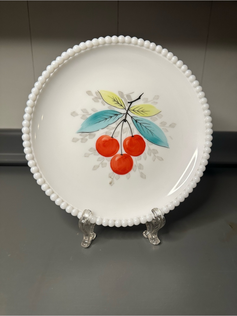 Vintage Westmoreland Milk Glass Cherry Plate Beaded Rim MCM Dish